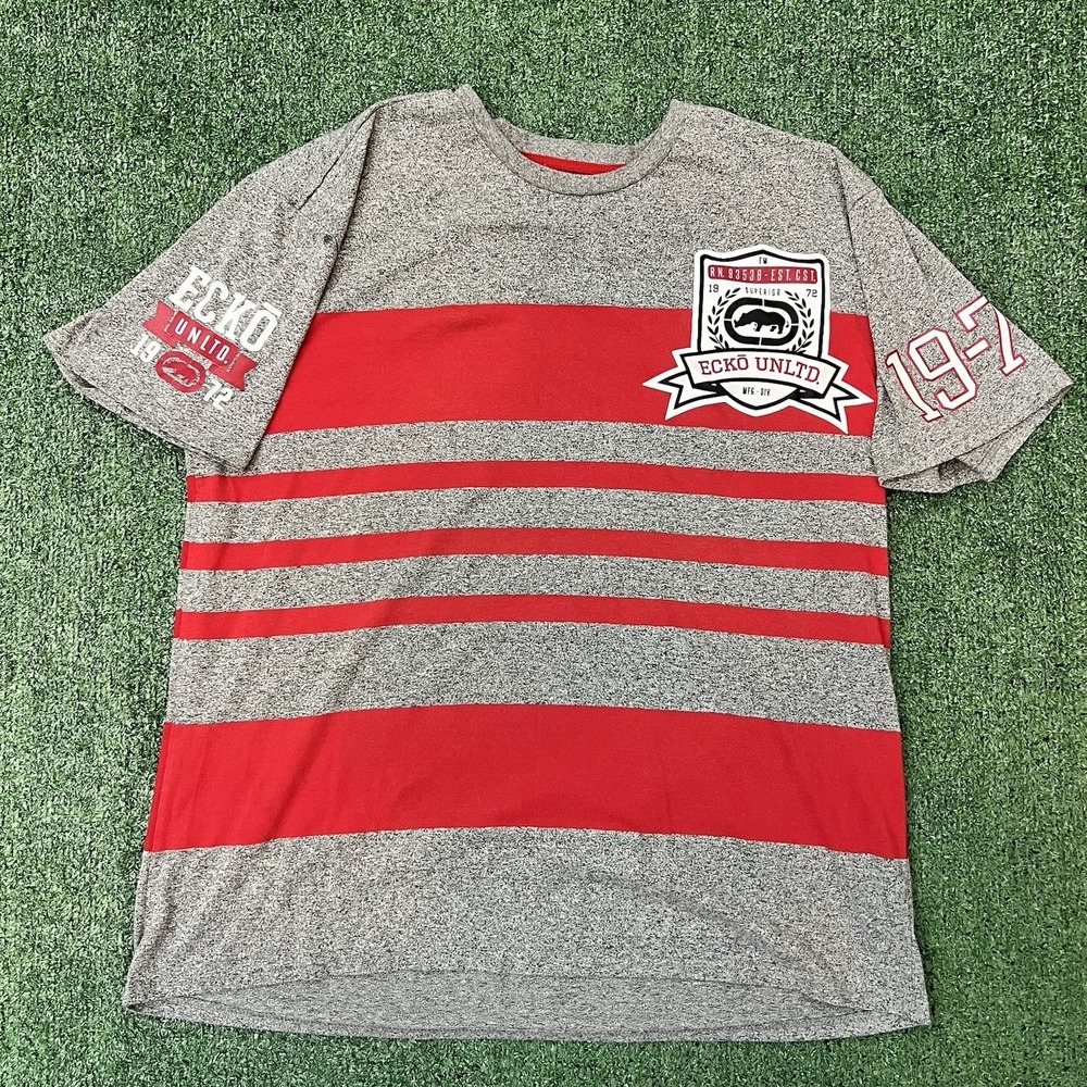 Y2K Echo Unltd 3XL Shirt Large Front Rhino Patch Sleeve Hits Red Gray Stripes
